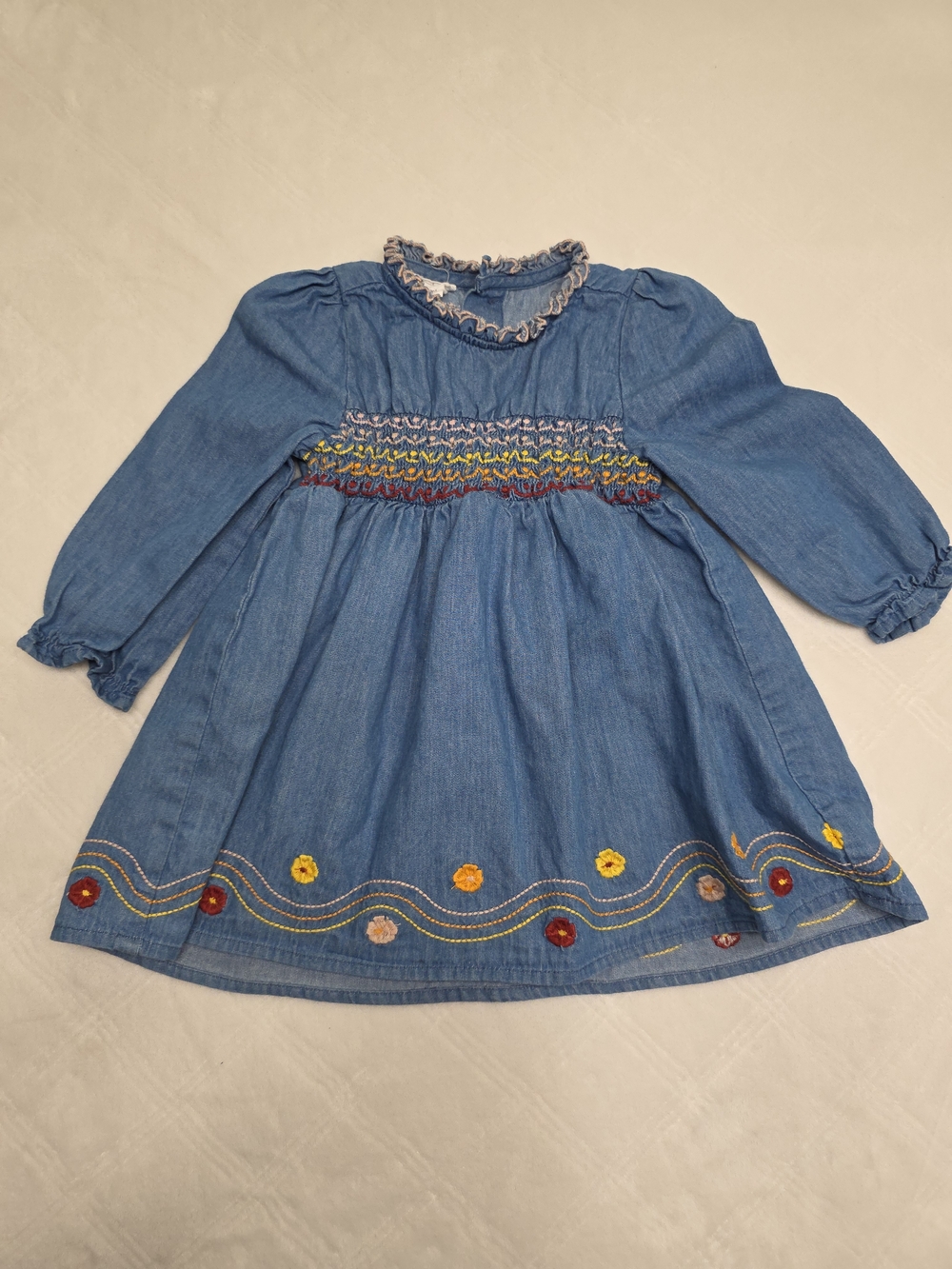 Mud Pie Blue Chambray Smocked Dress with Multicolor Floral Embroidery